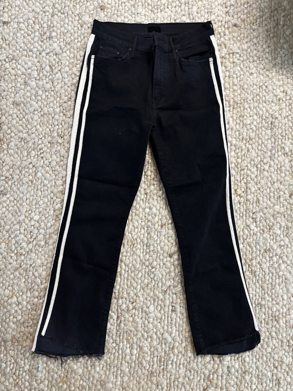 Mother Black Frayed Hem Jeans with White Side Stripe